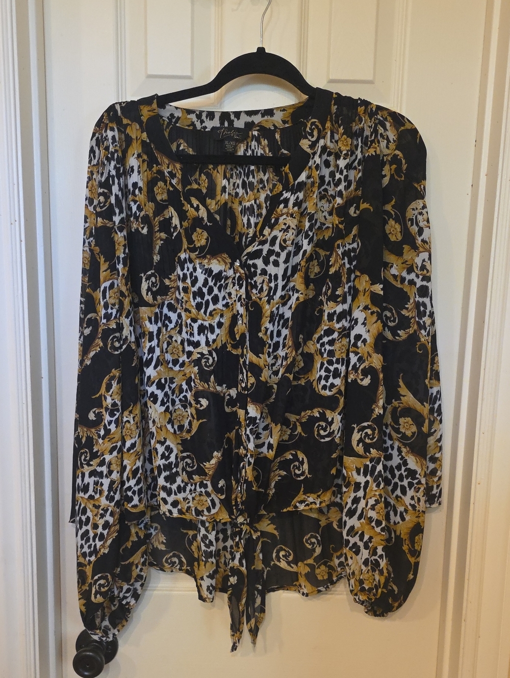 Thalia Sodi Black White and Gold Printed Tie-Front Blouse